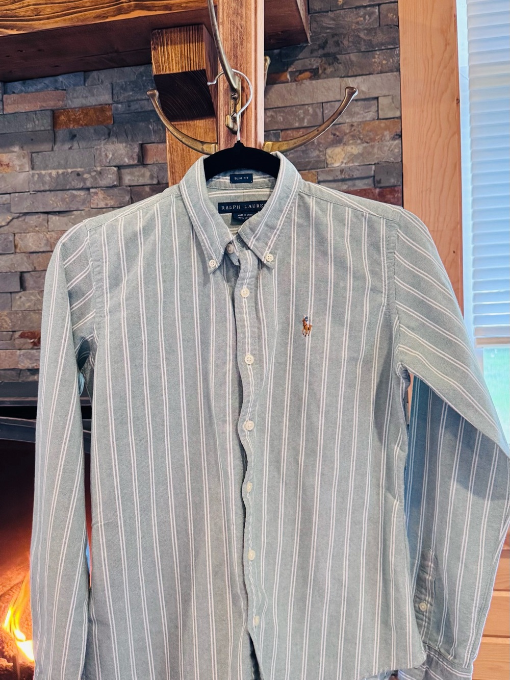 Ralph Lauren Light Green and White Vertical Stripe Button-Down Shirt